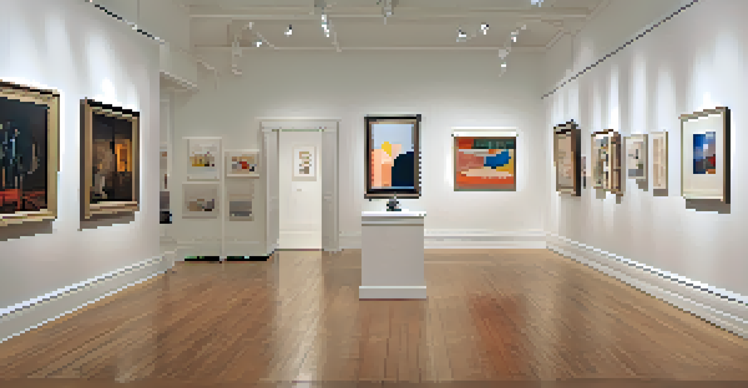 A contemporary art gallery filled with diverse artworks and visitors engaging and discussing in a well-lit, inviting atmosphere.