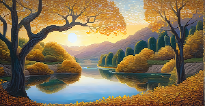 A lush, swirling tree with golden leaves surrounded by floral patterns and a tranquil river under a sunset.
