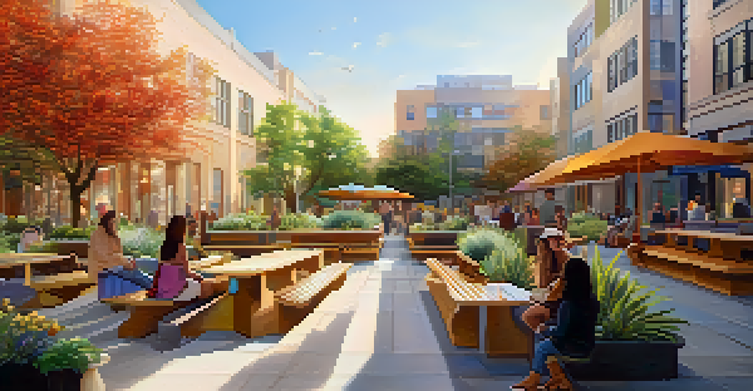 A public space with a large sculpture, colorful benches, and plants, bathed in the warm light of the golden hour.