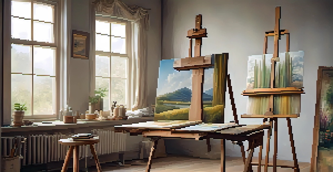 A bright art studio with a vintage easel, half-finished painting, and artworks on the walls, illuminated by warm natural light.