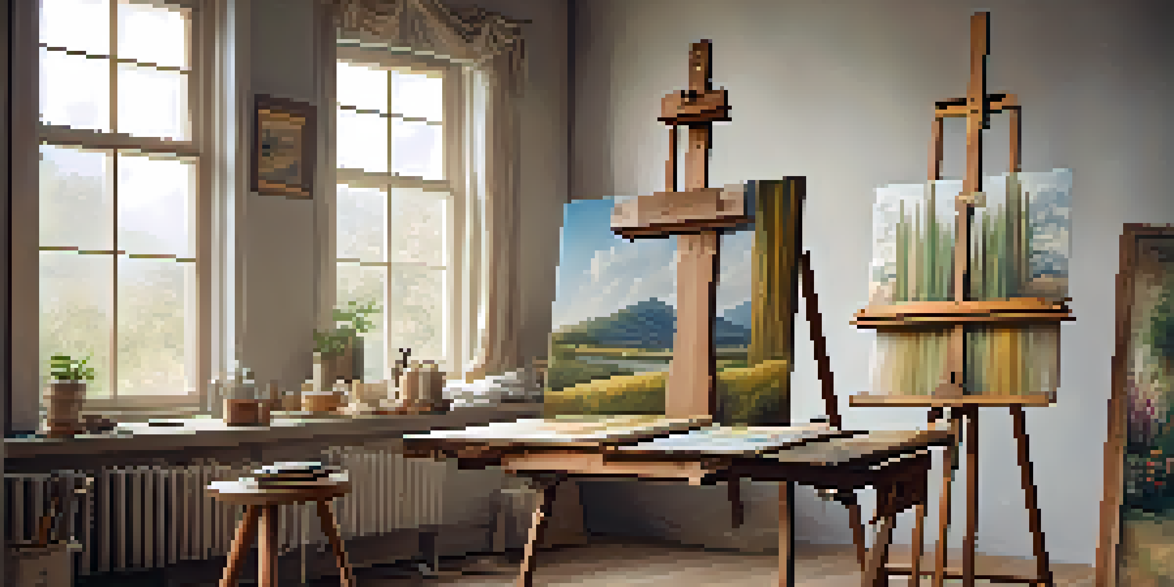 A bright art studio with a vintage easel, half-finished painting, and artworks on the walls, illuminated by warm natural light.