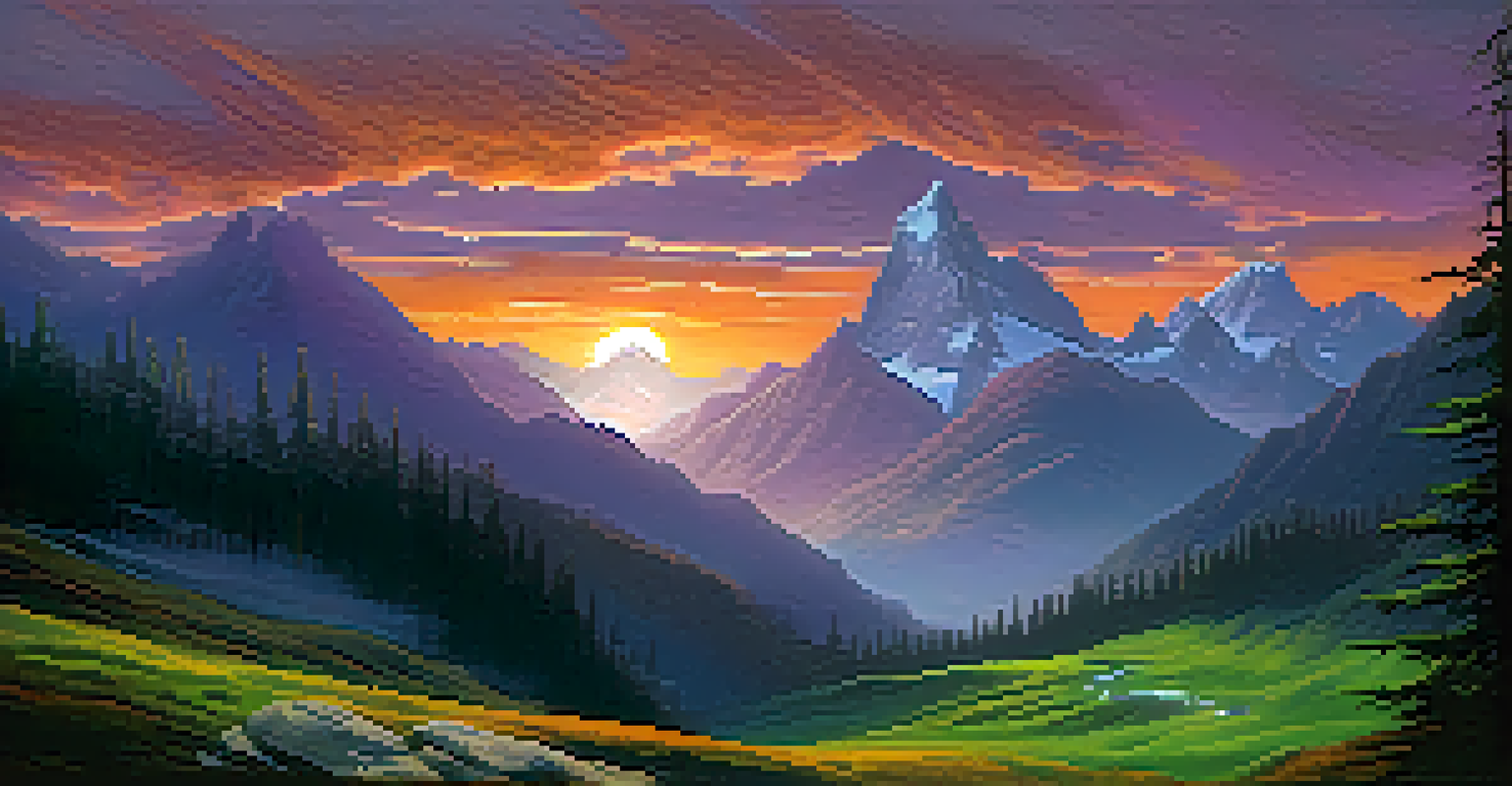 A majestic mountain range at dusk, with a colorful sunset sky and a waterfall in a lush green valley.