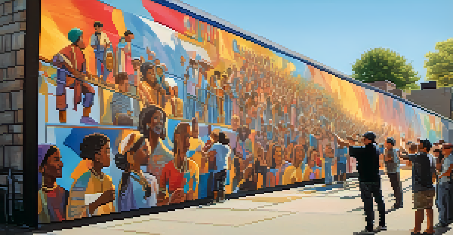 An artist painting a mural on a city wall while a crowd watches, showcasing themes of activism and bright colors.