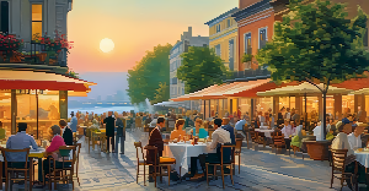 A lively café terrace filled with patrons enjoying coffee, surrounded by colorful tablecloths and illuminated by the golden glow of the setting sun.