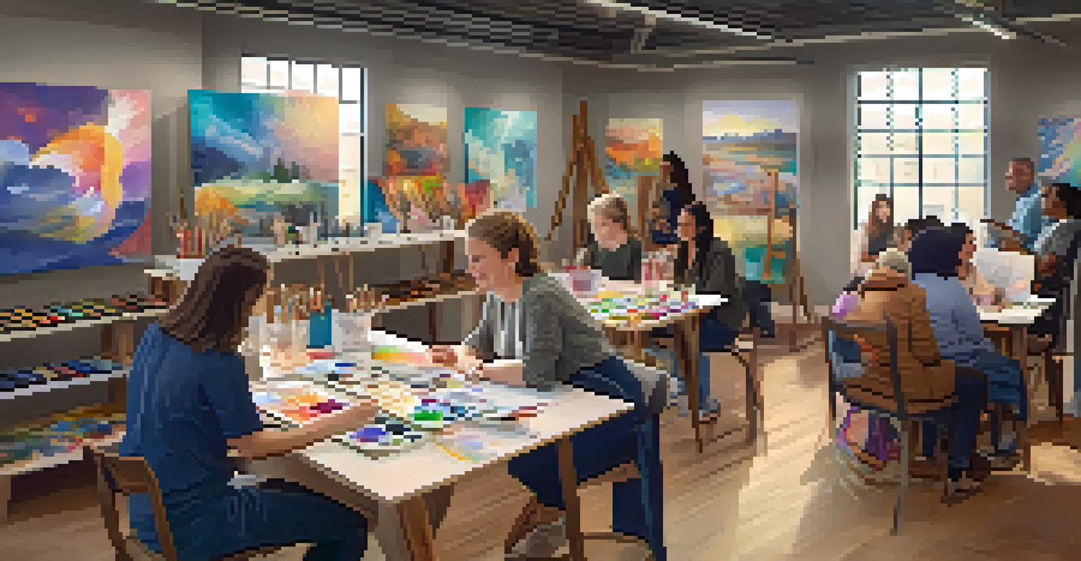 A group of participants sharing and discussing their artwork in a warm, cozy indoor art workshop, surrounded by colorful art pieces.