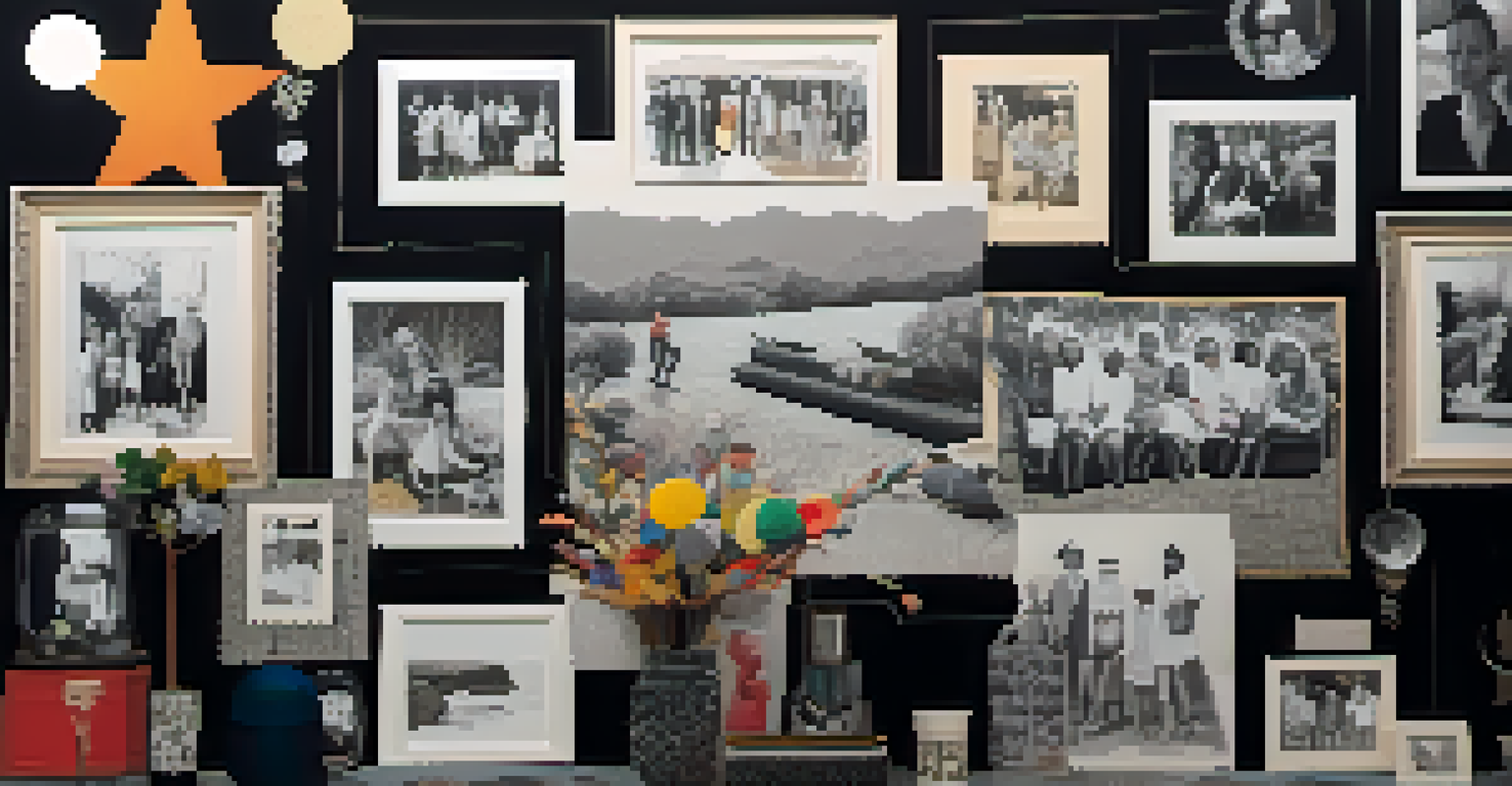 A mixed media collage highlighting a family gathering, with photographs and colorful materials creating a warm, nostalgic feel.