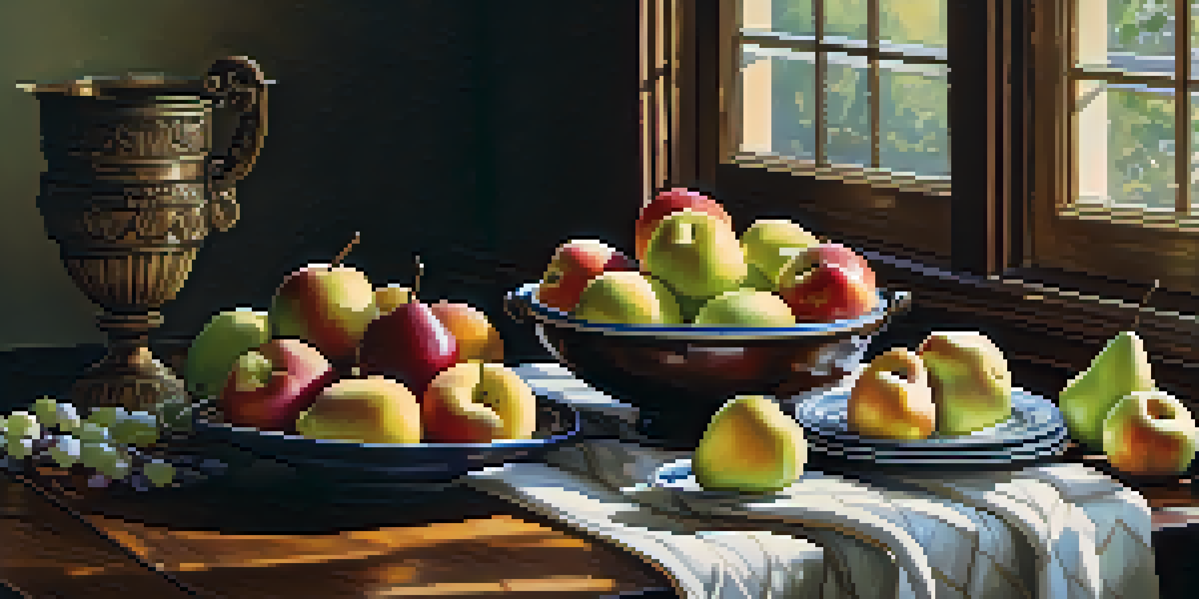 A rustic wooden table with a colorful arrangement of fresh fruits, illuminated by warm natural light, featuring a ceramic vase with wildflowers in the background.