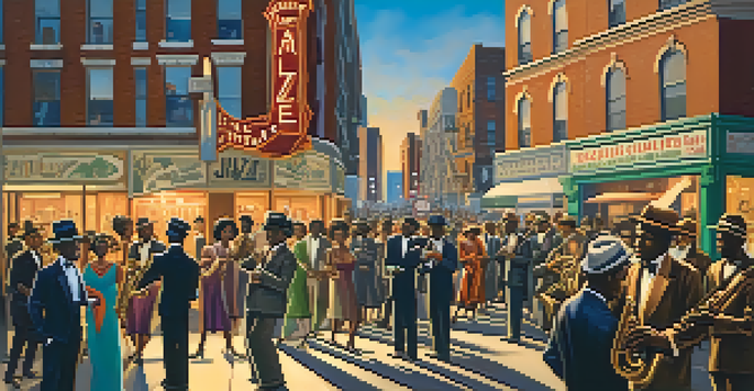 A lively jazz band performing on a street corner in Harlem during the 1920s, surrounded by an enthusiastic crowd and colorful storefronts.