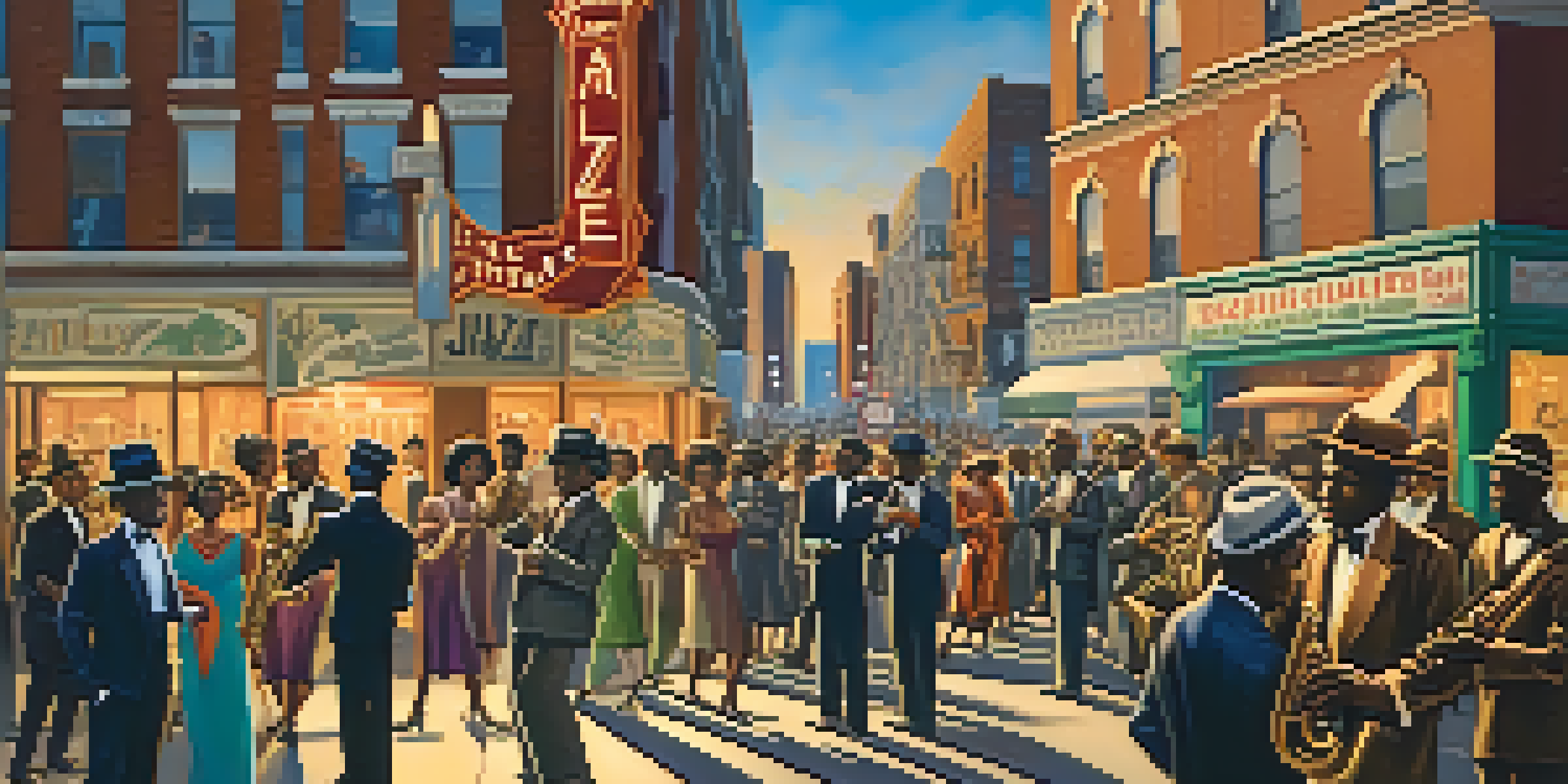 A lively jazz band performing on a street corner in Harlem during the 1920s, surrounded by an enthusiastic crowd and colorful storefronts.