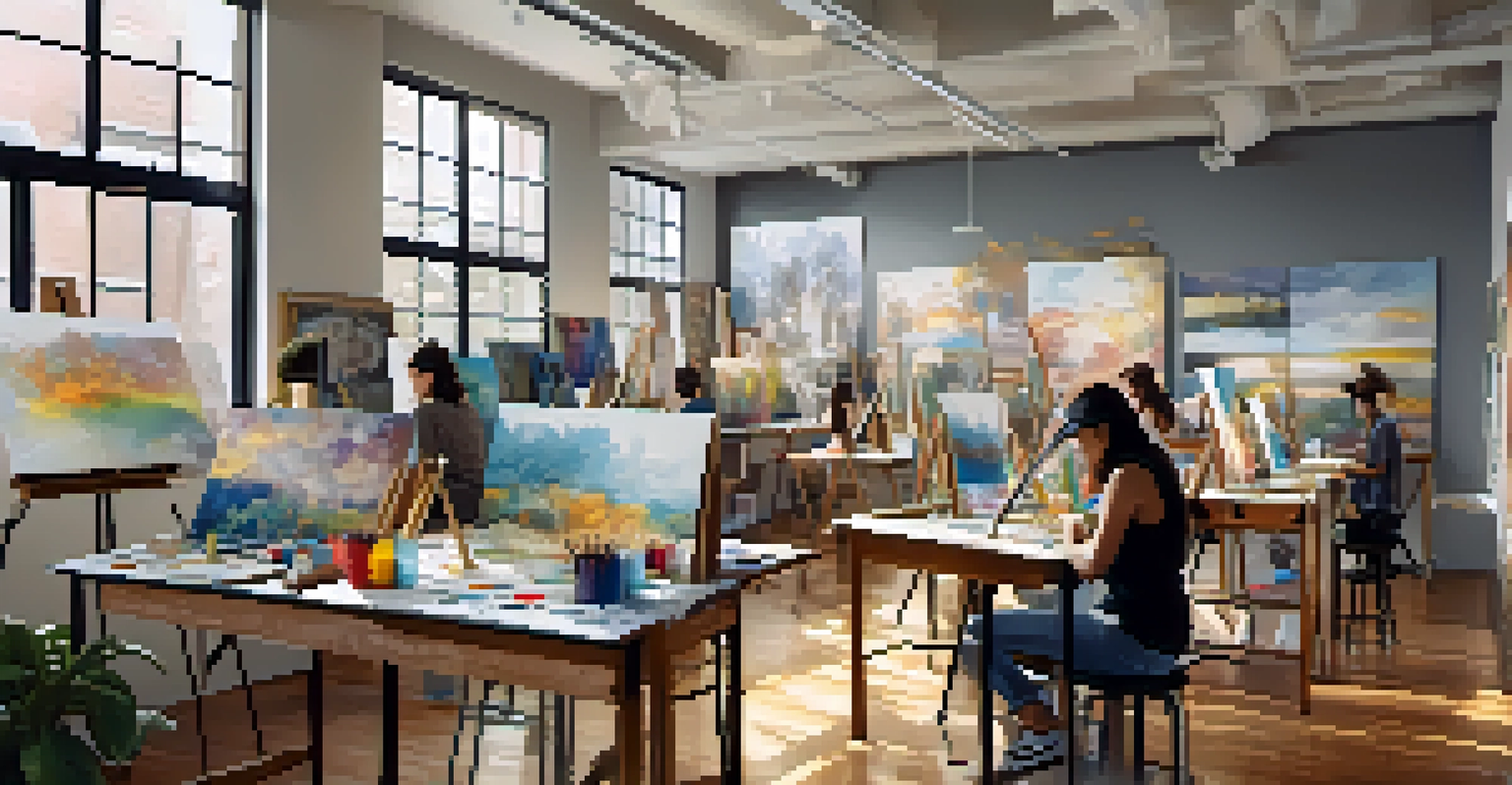 An art studio with students creating mixed media artworks, surrounded by colorful materials and sunlight.