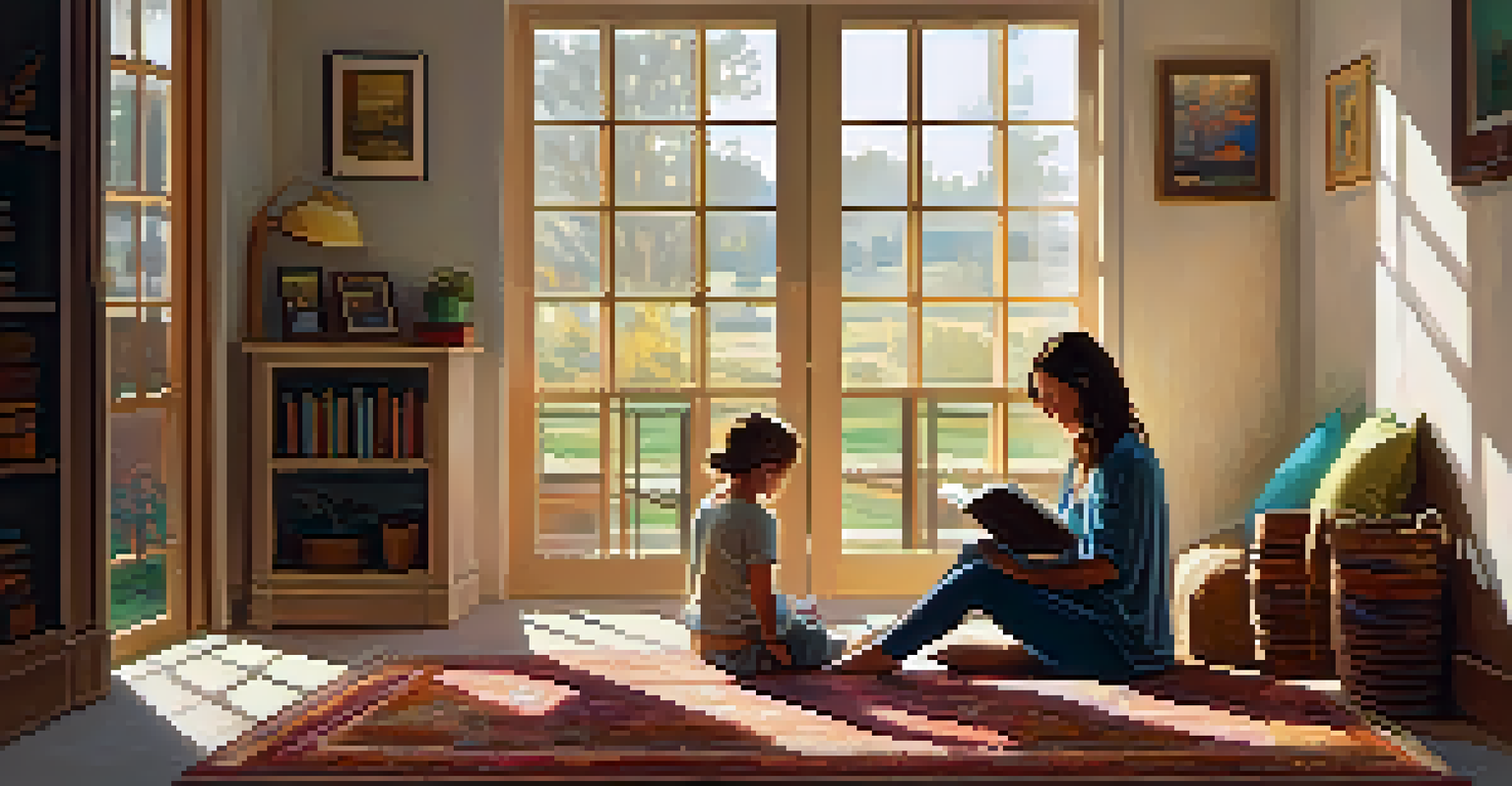 A mother reading to her child in a cozy room filled with natural light and adorned with Impressionist paintings.