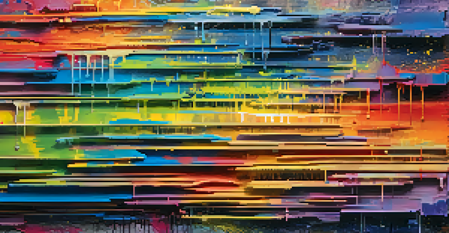 A close-up of an abstract painting with vibrant colors and expressive textures, featuring words and phrases embedded within the artwork.