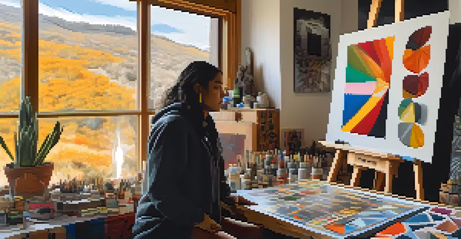 An Indigenous artist working in a studio filled with colorful mixed media artworks, bathed in natural light.