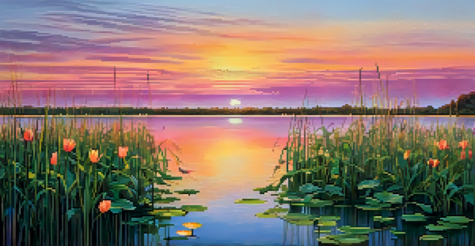 A peaceful sunset over a lake with colorful reflections and green reeds in the foreground.