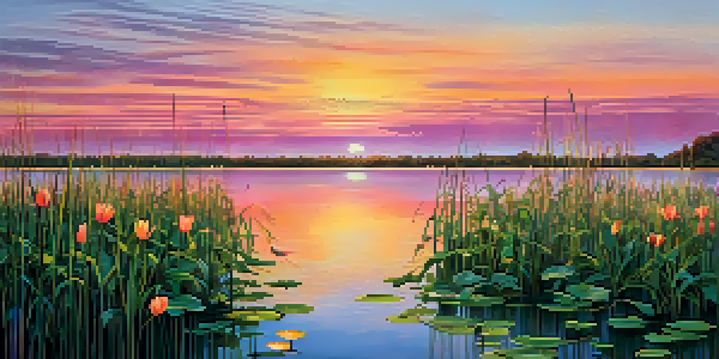 A peaceful sunset over a lake with colorful reflections and green reeds in the foreground.