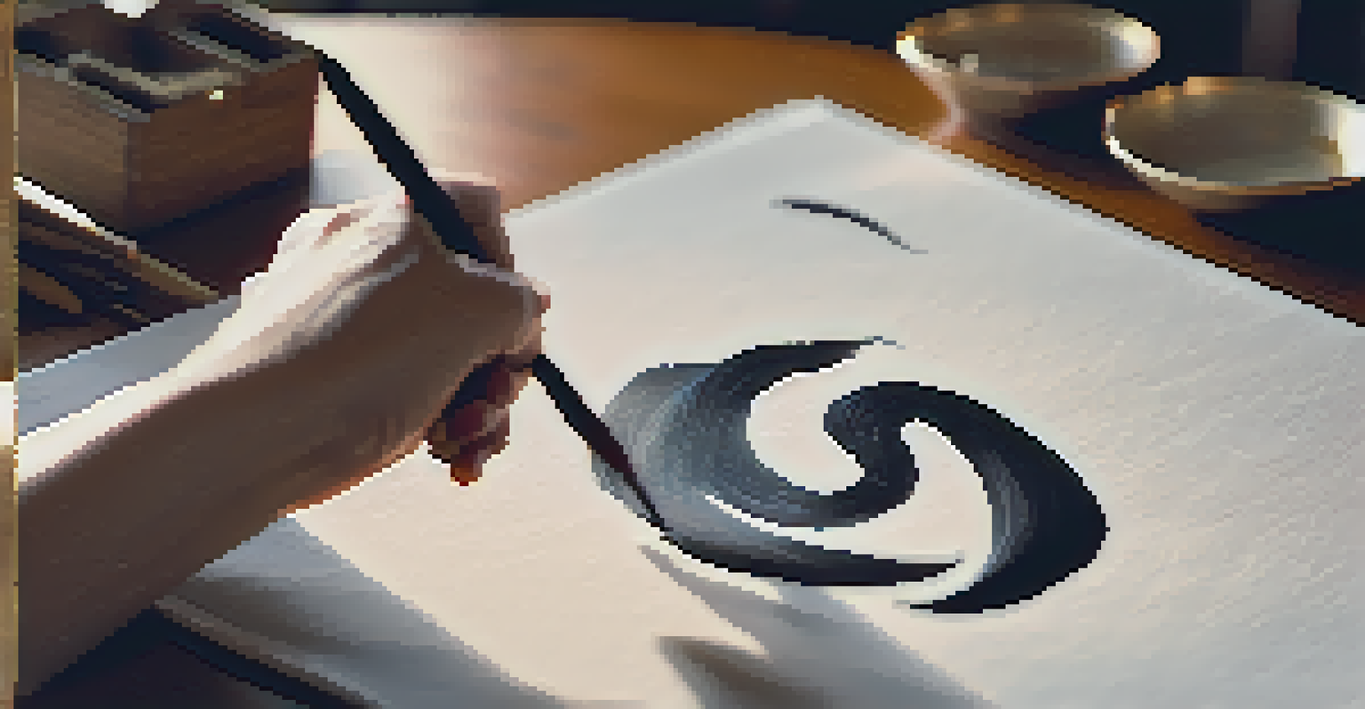 A close-up of an artist's hand painting Chinese calligraphy on rice paper, showcasing fluid brush strokes and warm lighting.