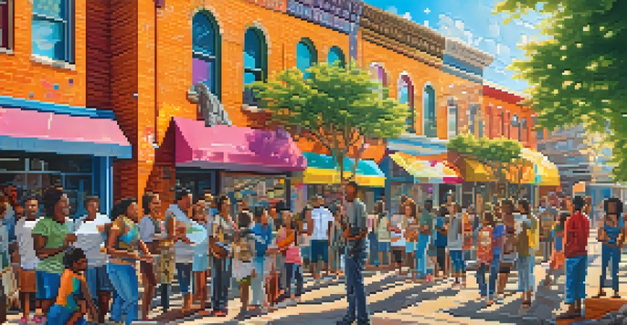 A colorful community mural being painted by local artists, showcasing various cultural stories amidst an urban backdrop.