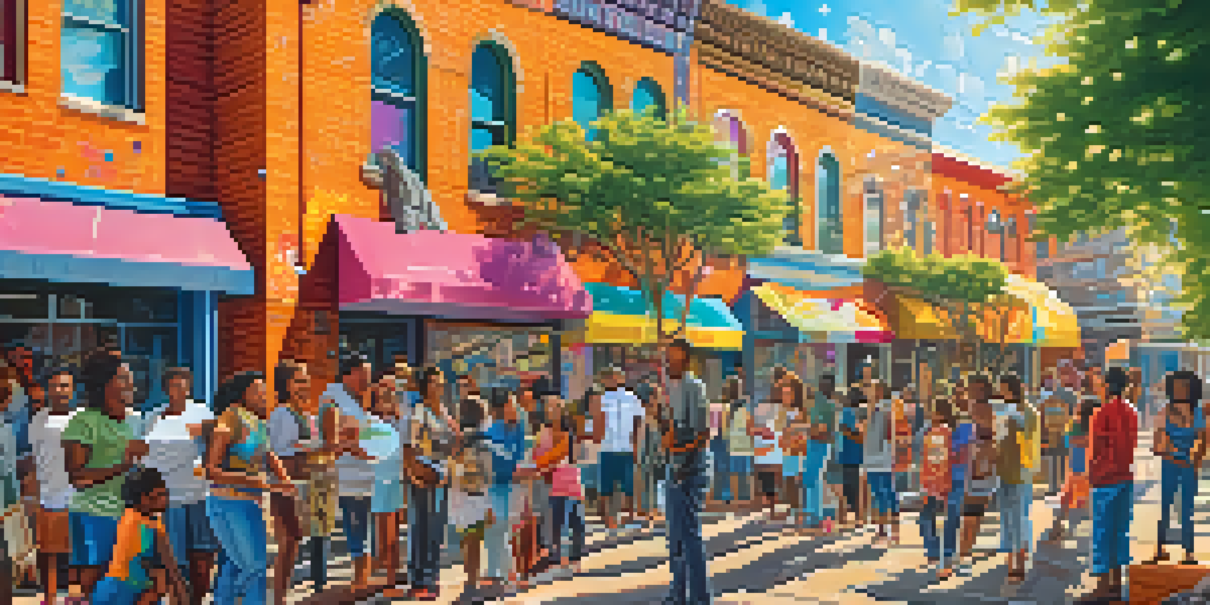 A colorful community mural being painted by local artists, showcasing various cultural stories amidst an urban backdrop.
