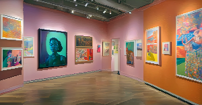 A gallery filled with colorful feminist artworks, with diverse viewers discussing the pieces in a warmly lit environment.