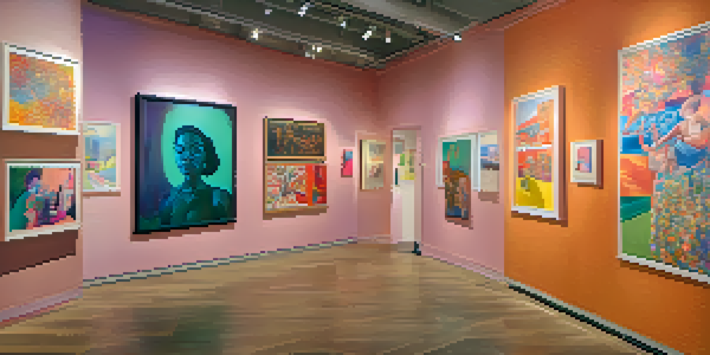 A gallery filled with colorful feminist artworks, with diverse viewers discussing the pieces in a warmly lit environment.