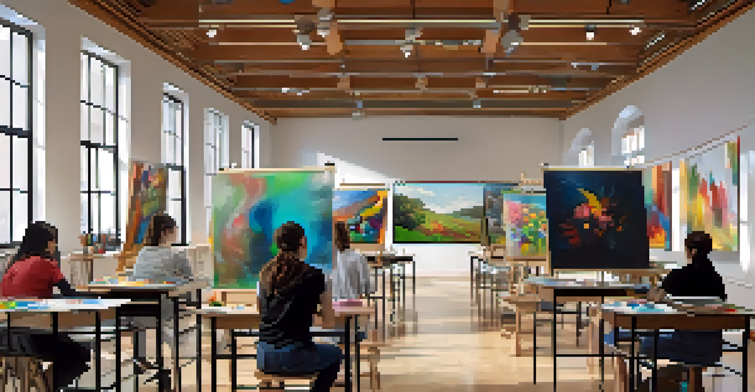 An art classroom with students using oil paints and digital tablets, filled with colorful artwork and natural light.