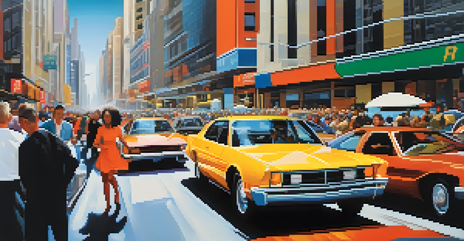 A colorful and dynamic urban scene showcasing movement, with people and vehicles in a busy city street, reflecting the energy of modern life.