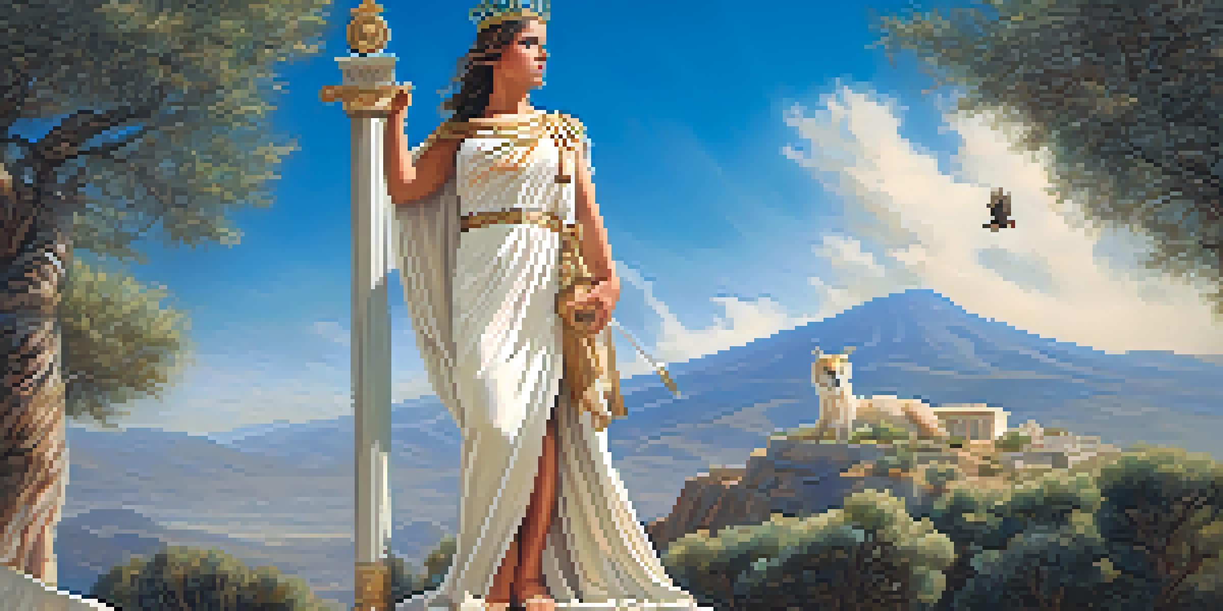 A majestic depiction of the ancient Greek goddess Athena, dressed in traditional attire, holding a shield and spear with an owl on her shoulder, set against a blue sky and olive trees.