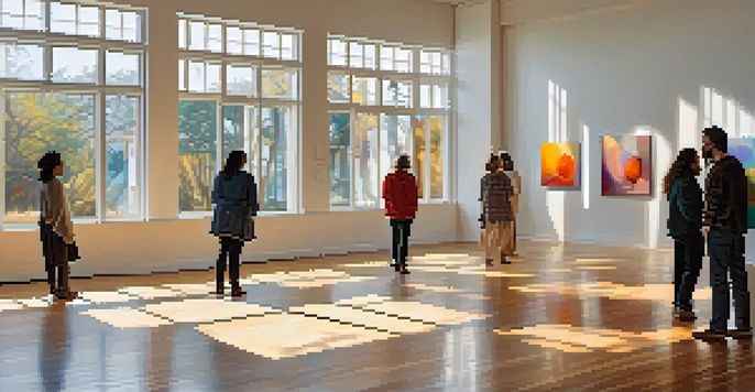 An art gallery with contemporary artworks and soft natural light, where visitors admire vibrant abstract paintings.