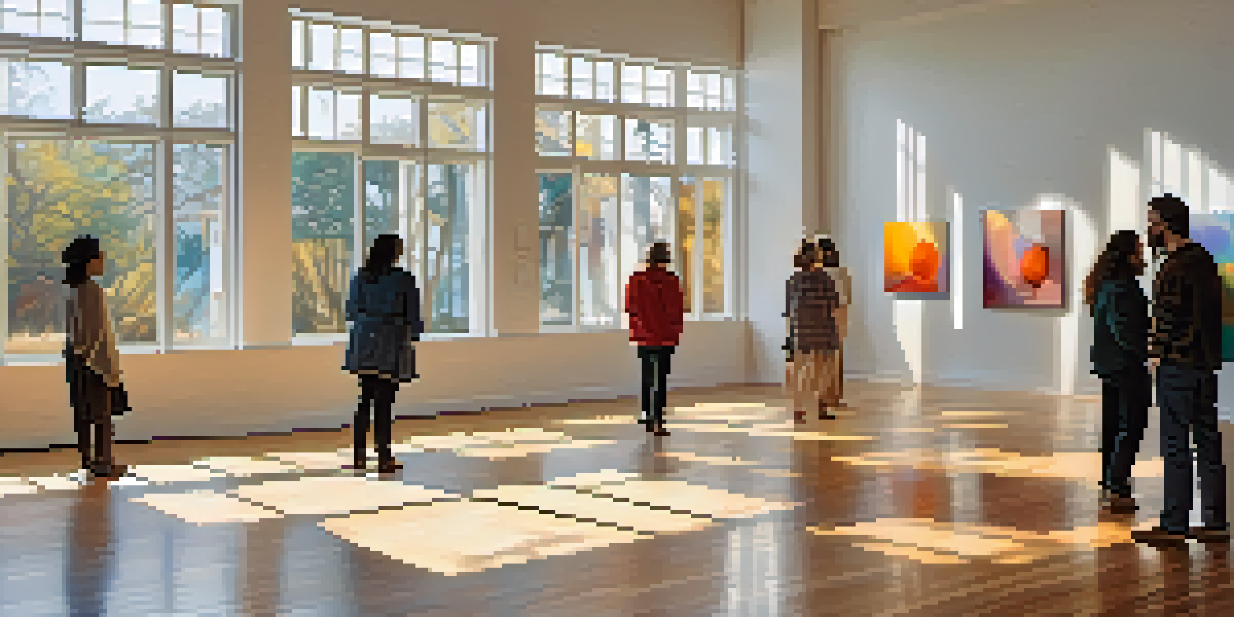 An art gallery with contemporary artworks and soft natural light, where visitors admire vibrant abstract paintings.