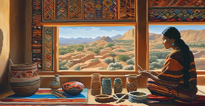 An indigenous artist painting a mural surrounded by traditional artifacts and colorful textiles, with natural light illuminating the scene.