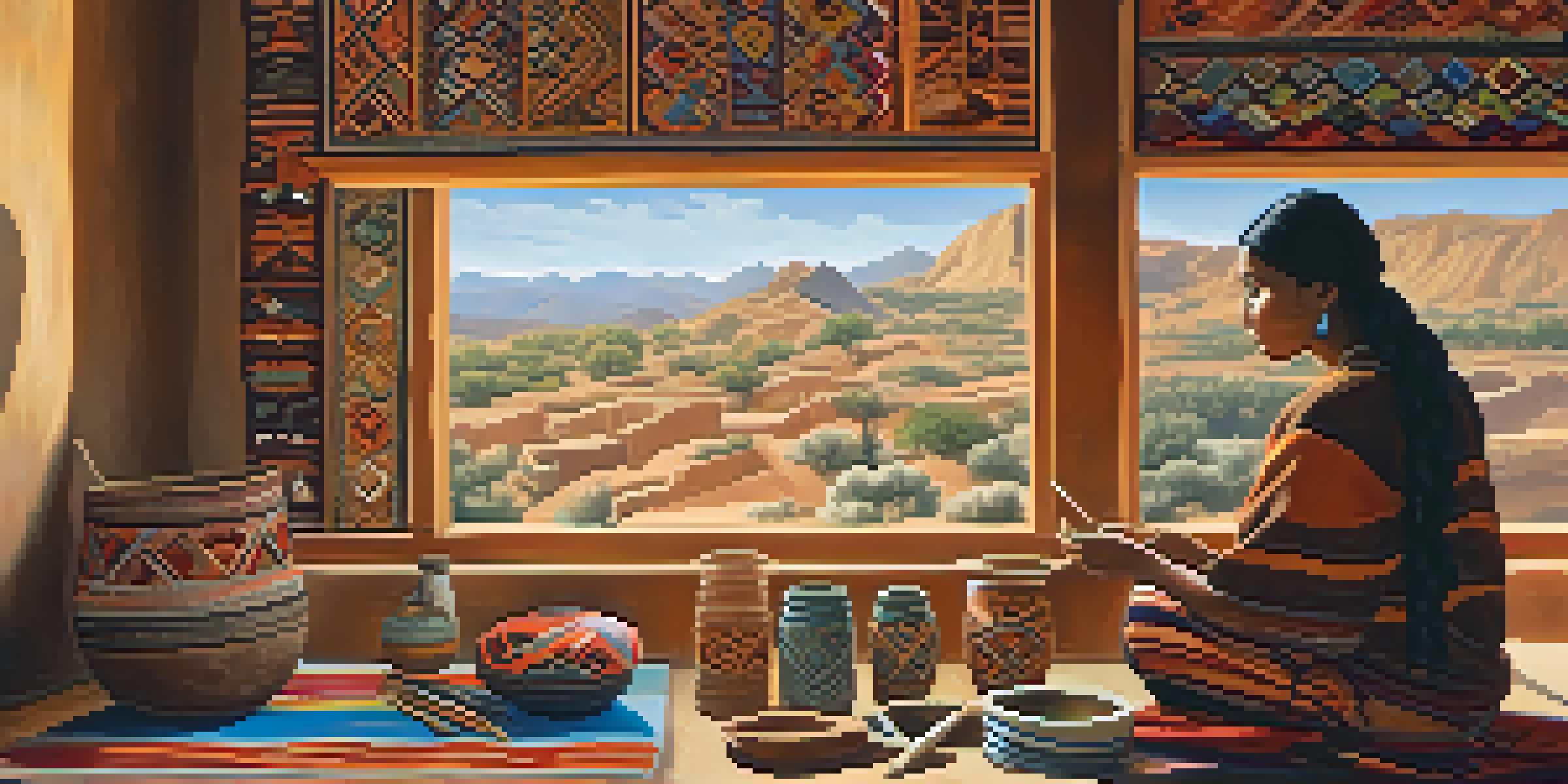 An indigenous artist painting a mural surrounded by traditional artifacts and colorful textiles, with natural light illuminating the scene.