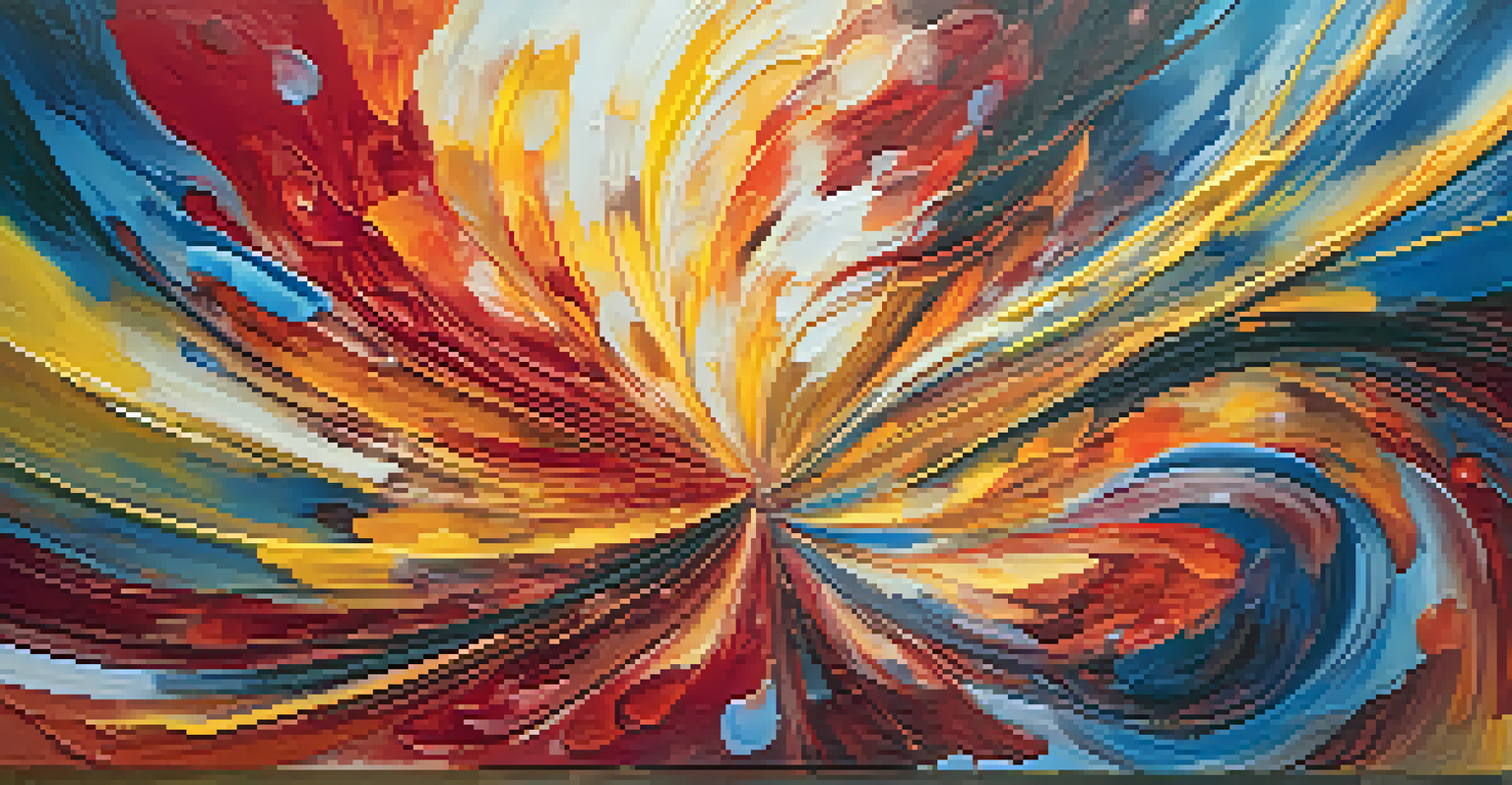 An abstract canvas with swirling colors of red, blue, and yellow, representing emotions and healing.