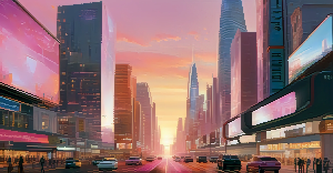 A futuristic city at dawn with sleek buildings and bustling streets.