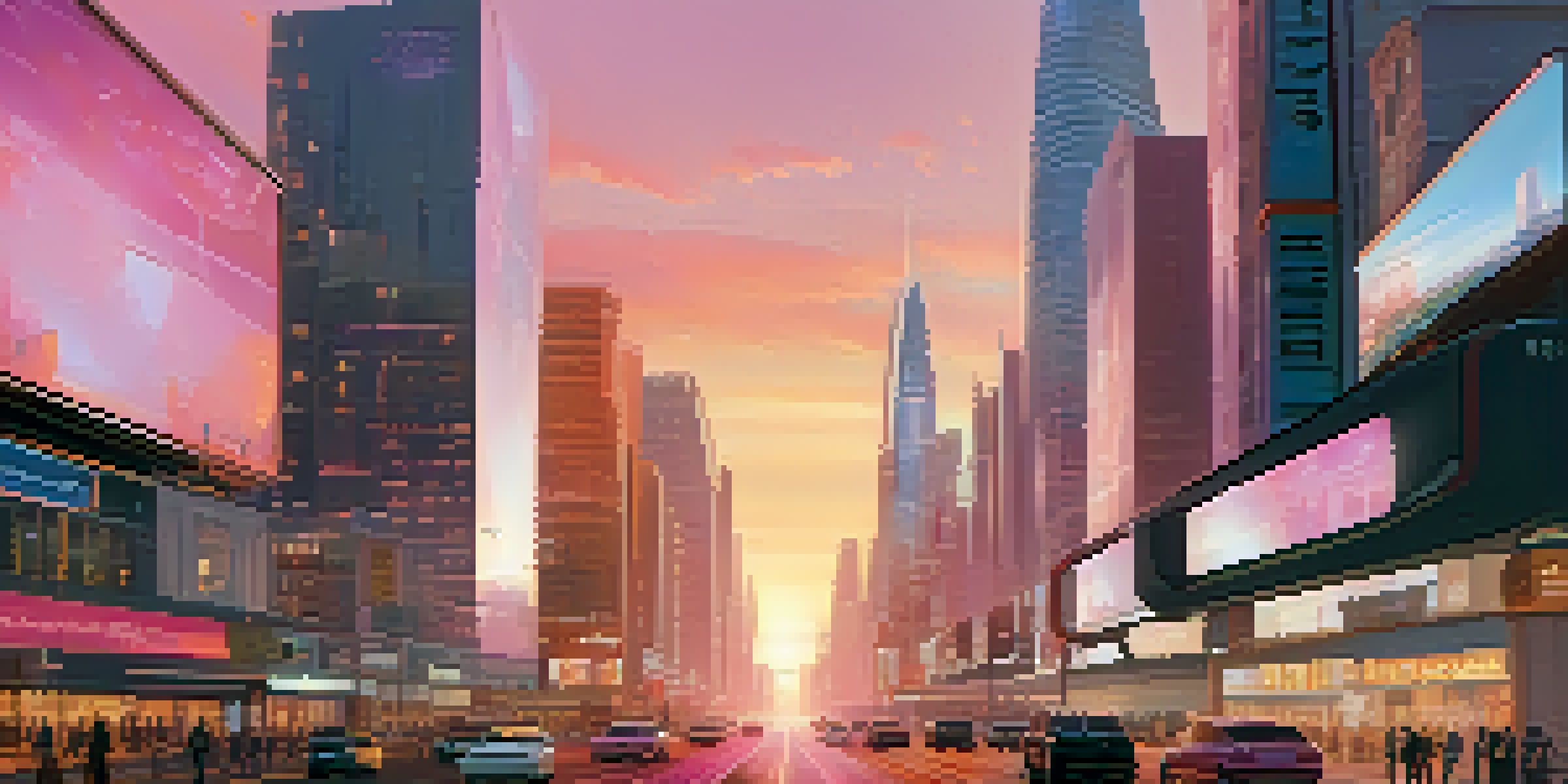 A futuristic city at dawn with sleek buildings and bustling streets.