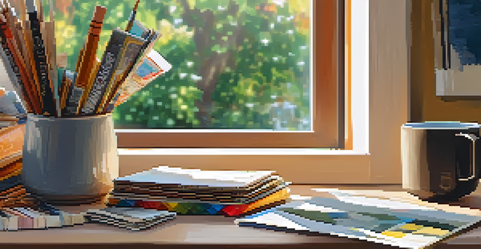 A cozy workspace with a wooden table filled with colorful collage materials and a cup of tea, illuminated by soft sunlight.