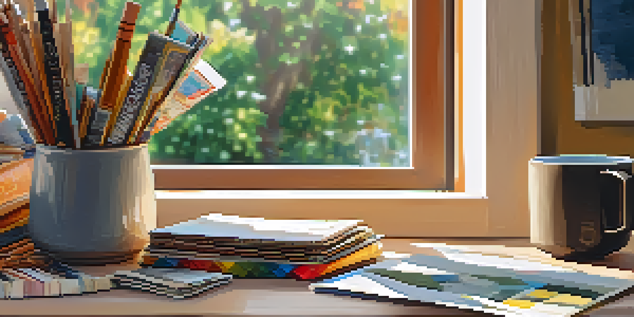 A cozy workspace with a wooden table filled with colorful collage materials and a cup of tea, illuminated by soft sunlight.