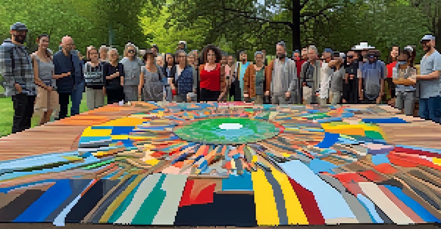 A community art project with diverse artists creating a collaborative sculpture from recycled materials.