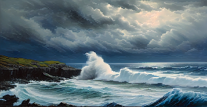 A dramatic scene of a stormy sea with dark waves and a figure on a cliff, representing inner conflict.