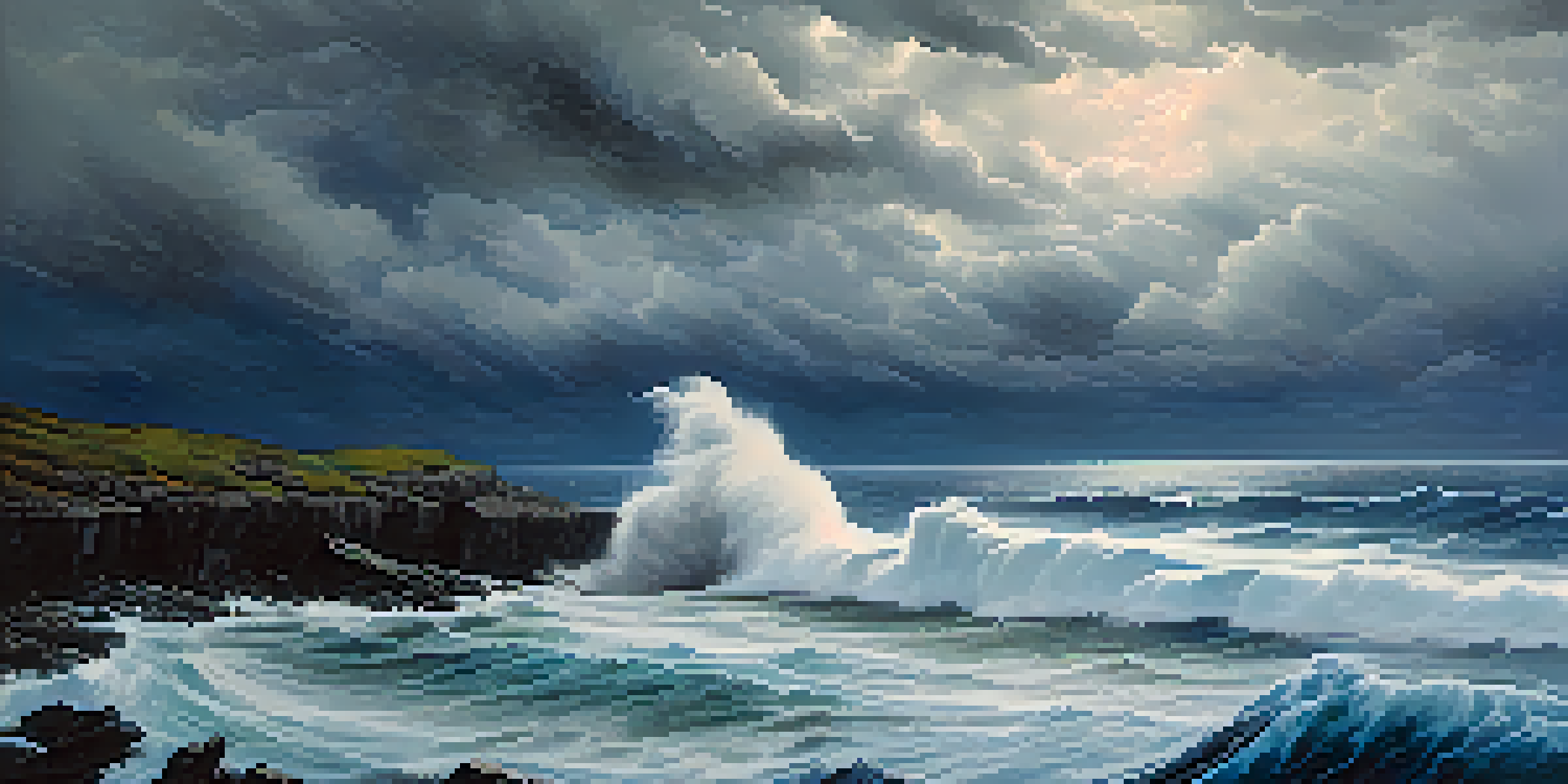 A dramatic scene of a stormy sea with dark waves and a figure on a cliff, representing inner conflict.