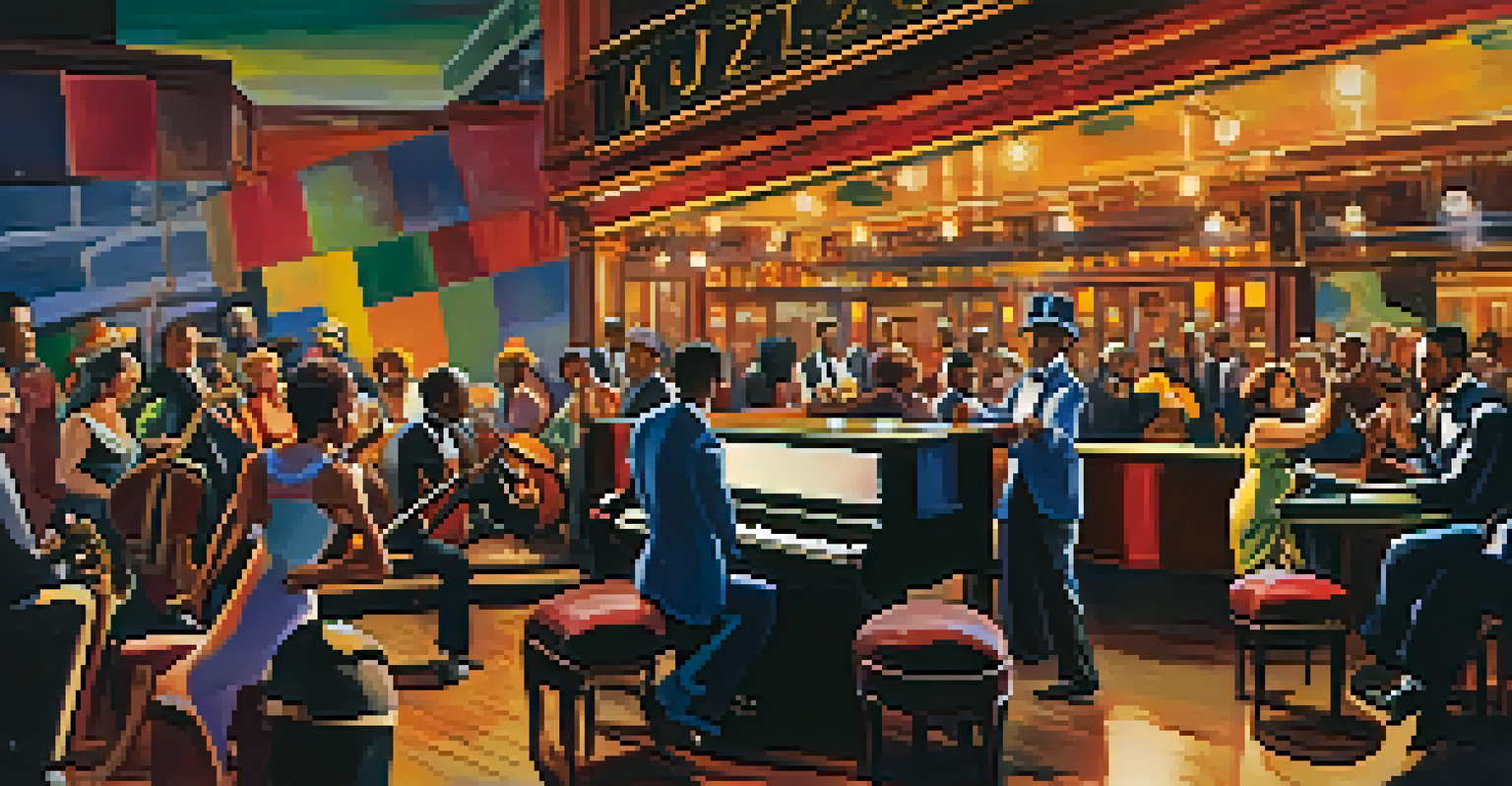 A dynamic painting of a jazz club performance, featuring a pianist on stage and an enthusiastic audience, showcasing the vibrancy of the Harlem Renaissance.