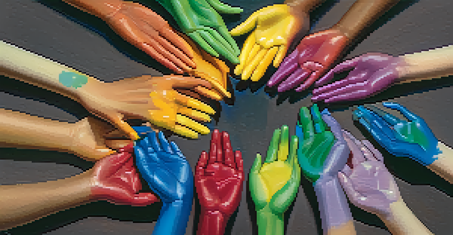 A diverse group of hands holding colorful paint containers, symbolizing inclusivity and freedom of color choice.