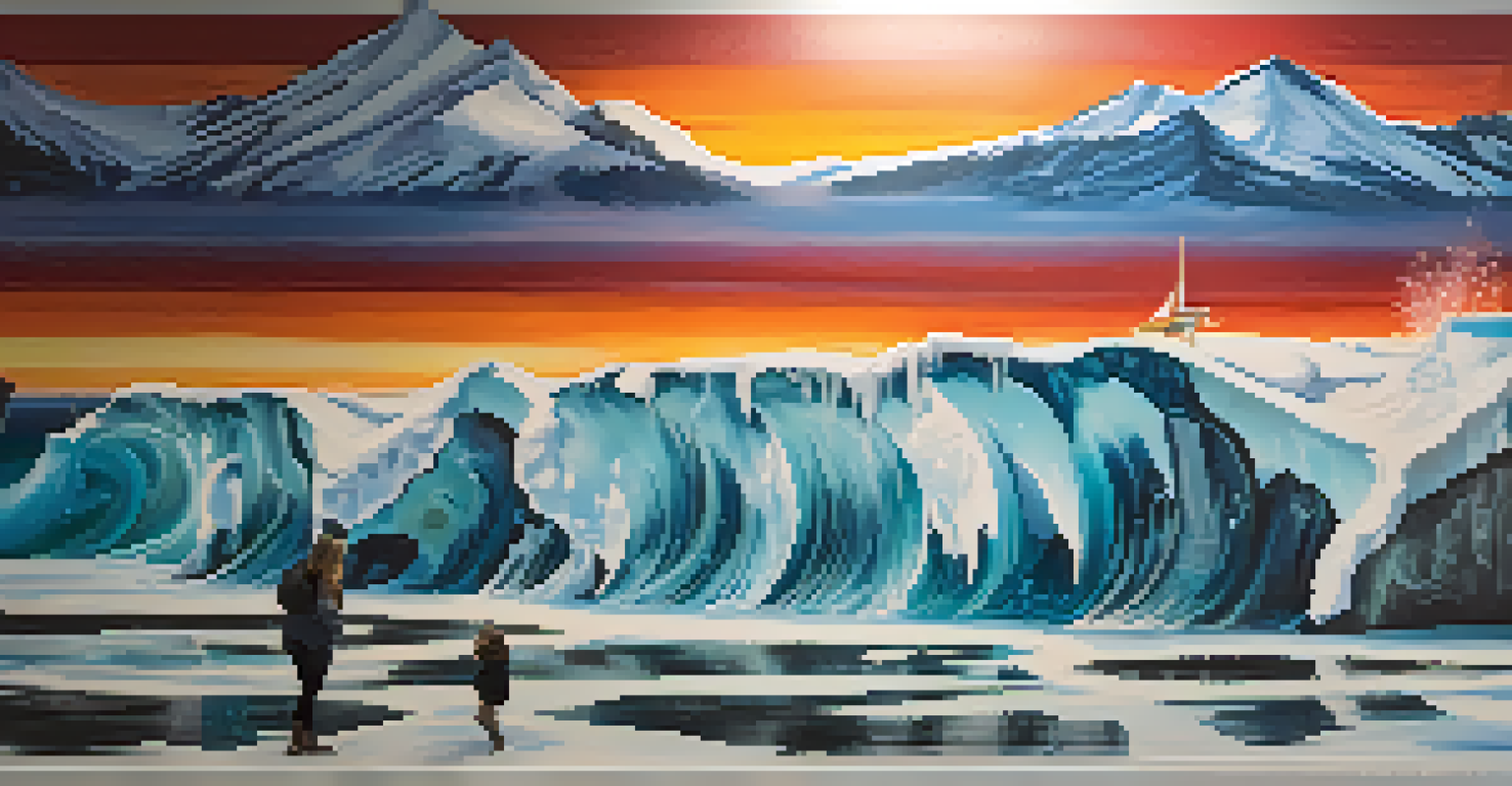 A detailed view of a climate change mural featuring marine life and melting ice caps.