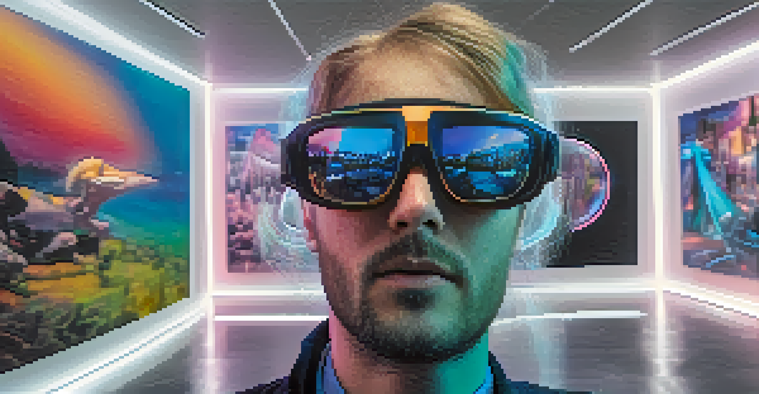 An art critic using augmented reality glasses in a futuristic gallery filled with holographic art installations and colorful lighting.