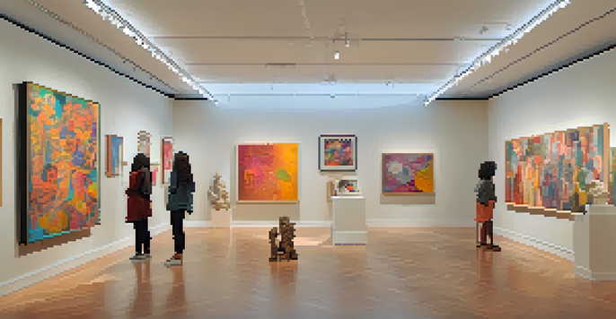 A lively art gallery featuring contemporary artworks by women artists, with diverse visitors admiring the colorful pieces.