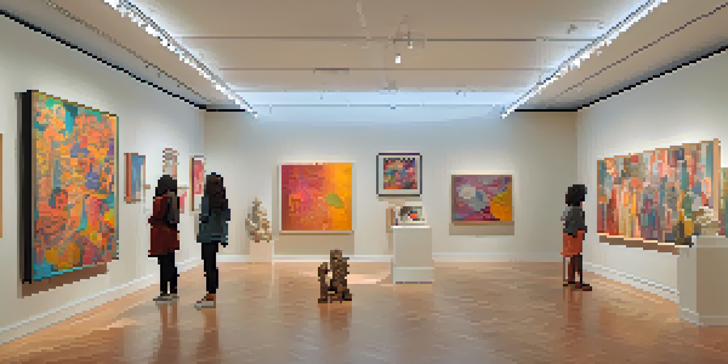 A lively art gallery featuring contemporary artworks by women artists, with diverse visitors admiring the colorful pieces.