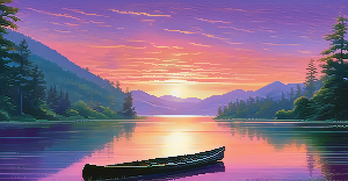 A tranquil lake at sunset with a canoe floating, surrounded by lush greenery and distant mountains under a colorful sky.