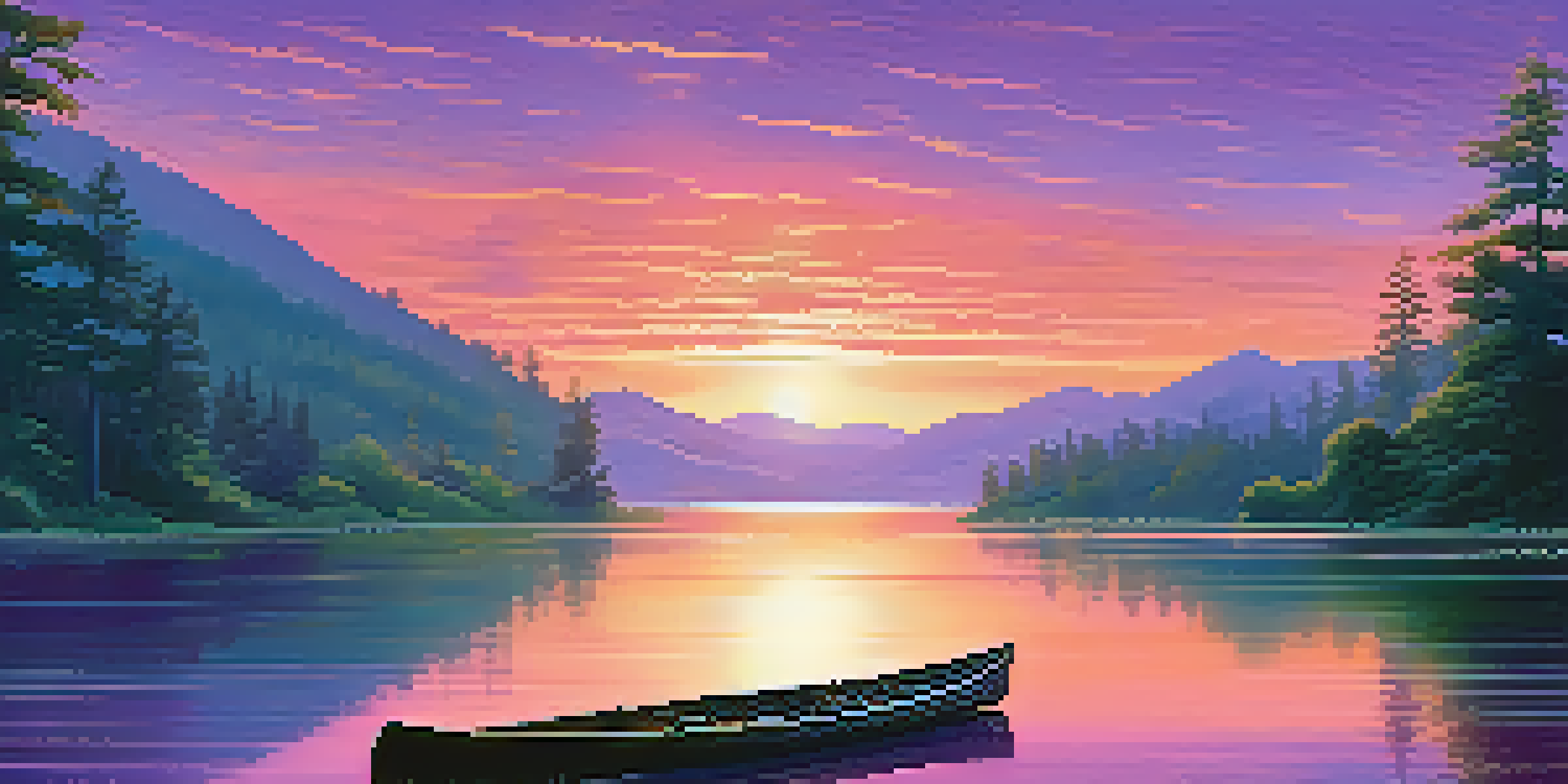 A tranquil lake at sunset with a canoe floating, surrounded by lush greenery and distant mountains under a colorful sky.