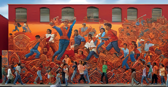 A colorful mural showing a diverse group of people united in a stance of strength and resilience, surrounded by traditional Mexican patterns.