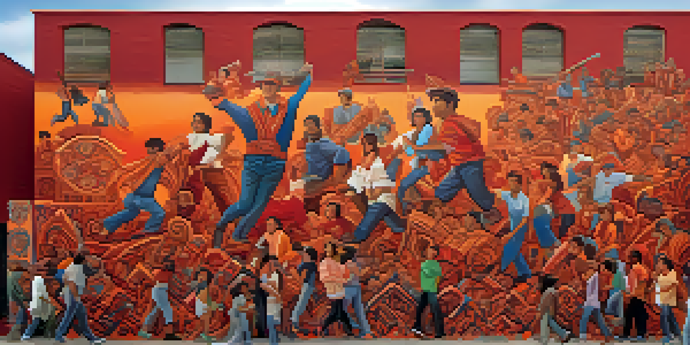 A colorful mural showing a diverse group of people united in a stance of strength and resilience, surrounded by traditional Mexican patterns.