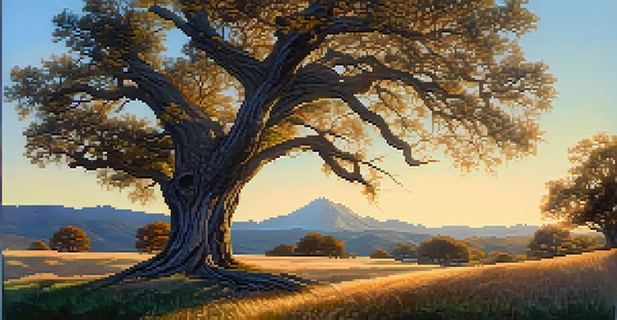 A peaceful landscape with a large oak tree in the foreground and distant mountains under a blue sky, illuminated by golden hour light.